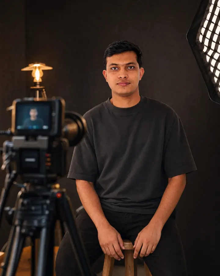 Uttam sitting on a stool in his studio, a cinema camera on a tripod pointed at him